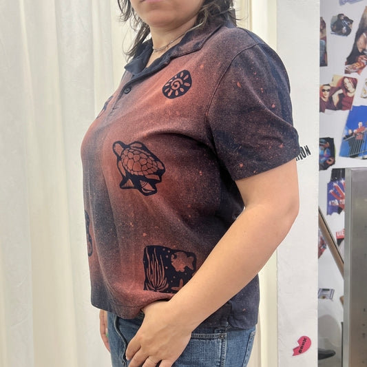 reworked navy polo tshirt with under the sea creatures bleach print