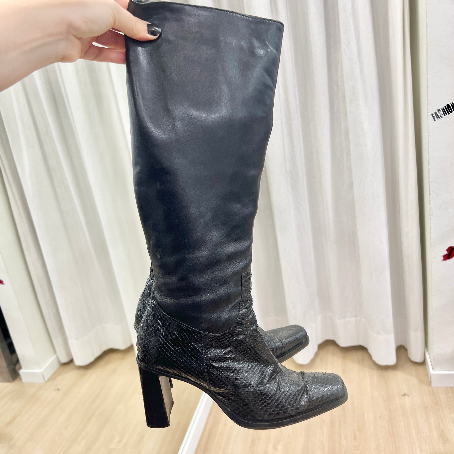 00s black snake print leather square heel knee high boots with fur lining