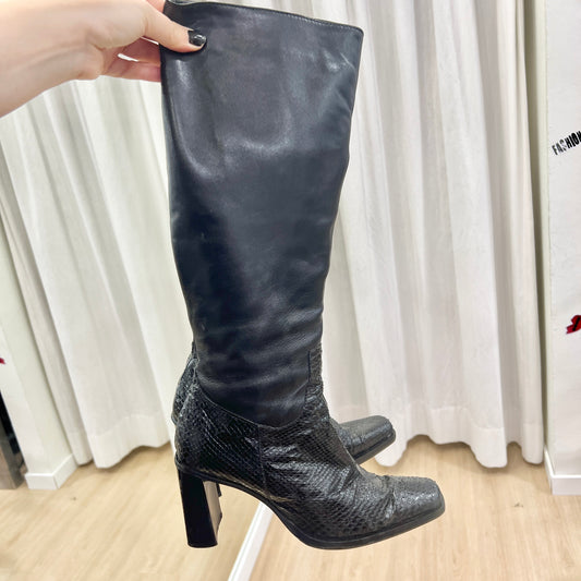00s black snake print leather square heel knee high boots with fur lining