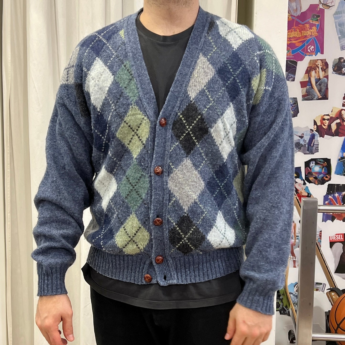 libero tutti 90s blue green argyle wool cardigan