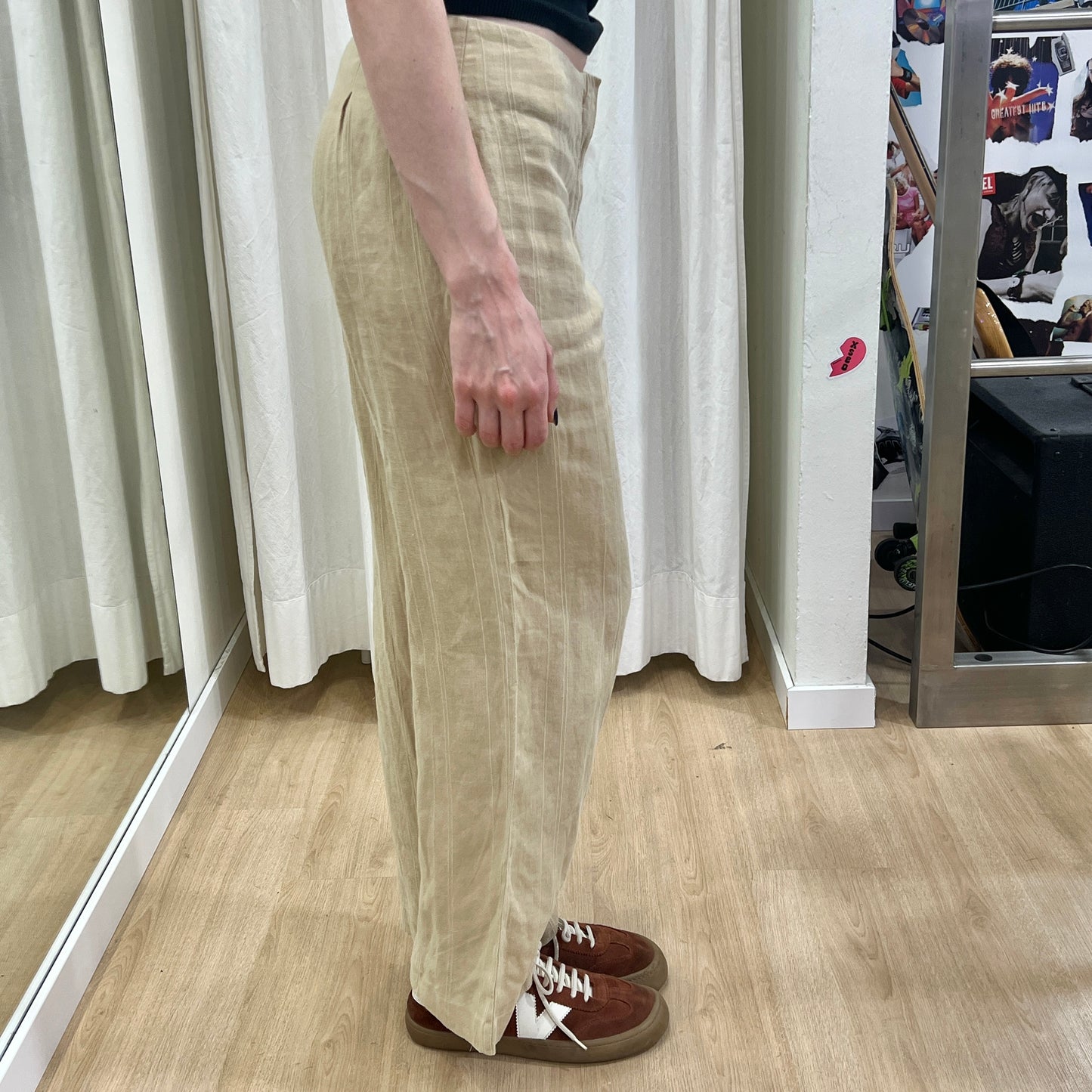andrea mare 00s beige pinstripe linen wide leg pants