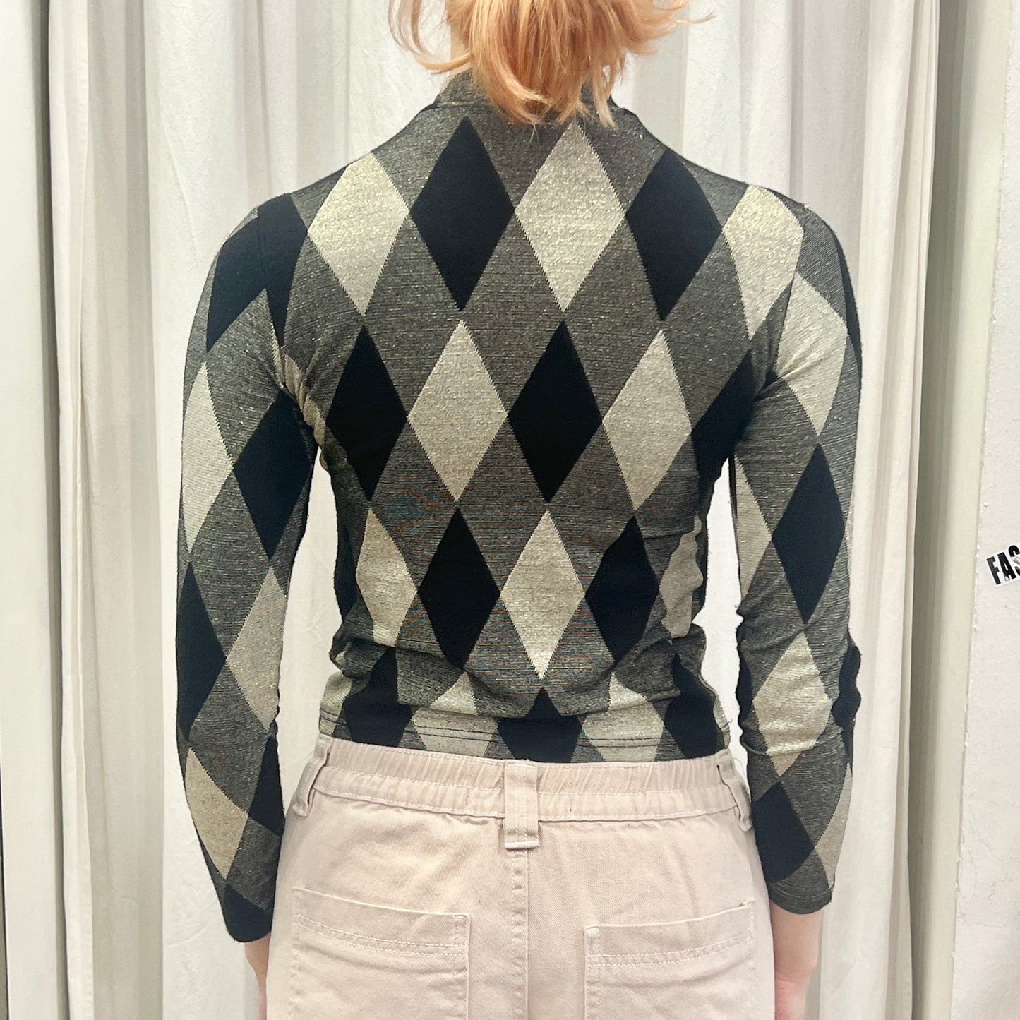00s black cream argyle roll neck top with gold thread
