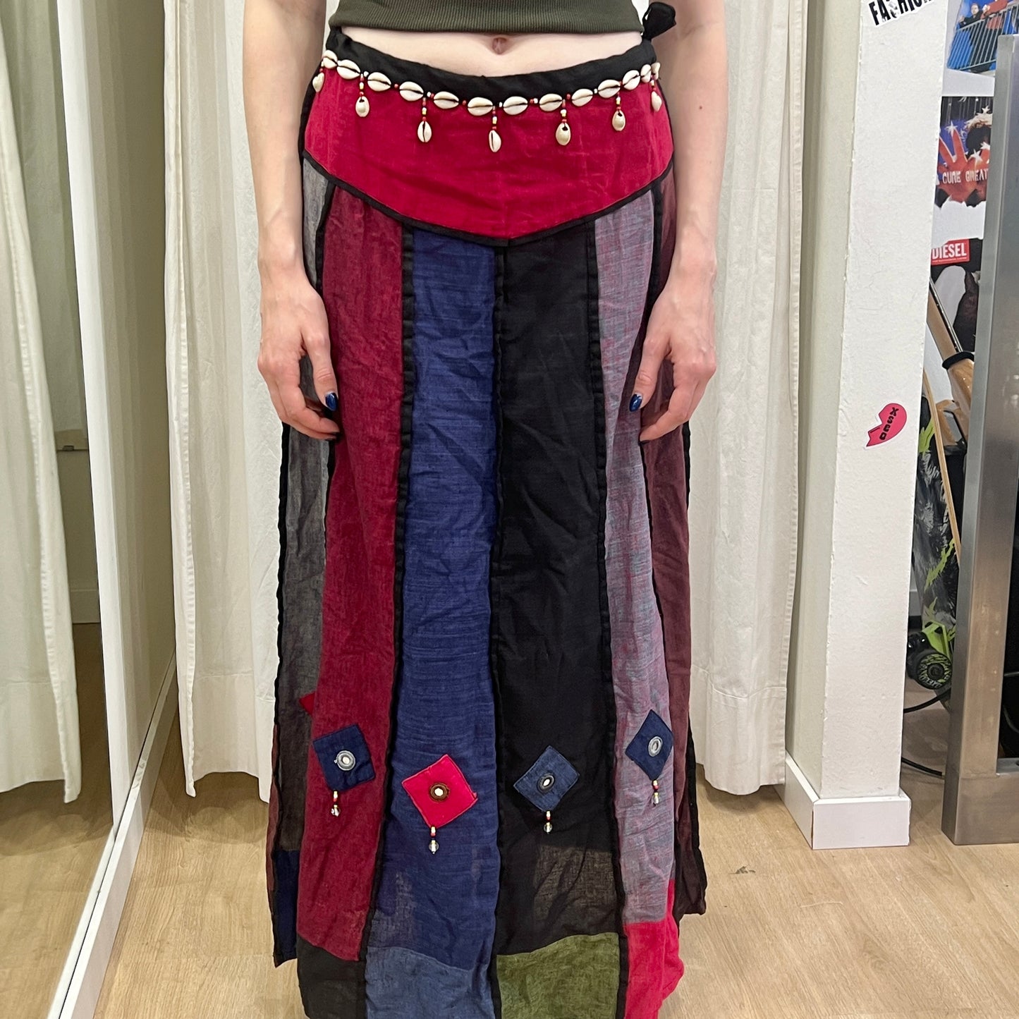 contro corrente 00s red blue hippie maxi skirt with cowrie shell belt