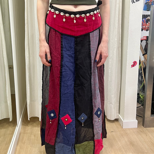 contro corrente 00s red blue hippie maxi skirt with cowrie shell belt