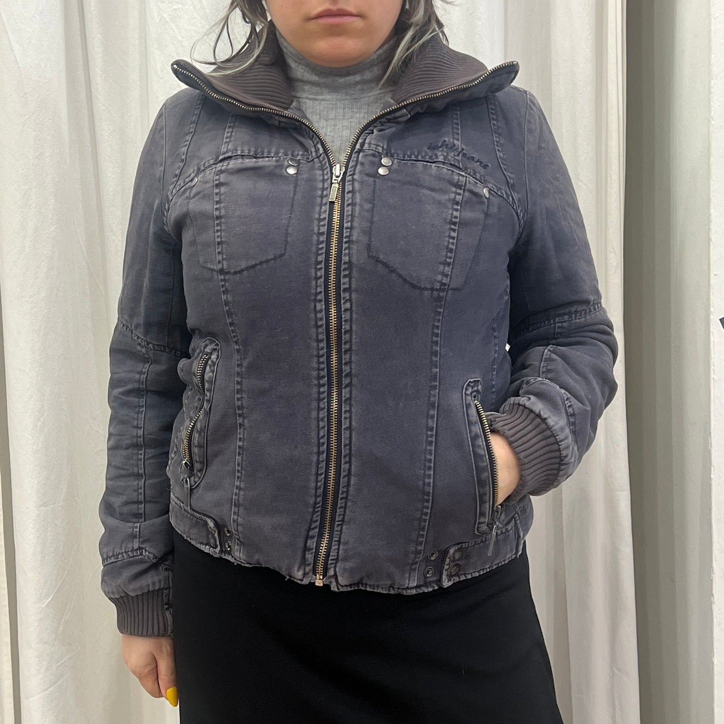 ichi '10s grey denim zip up jacket