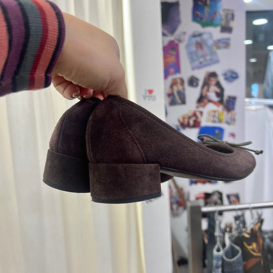 brown suede ballet flats with chunky baby heel