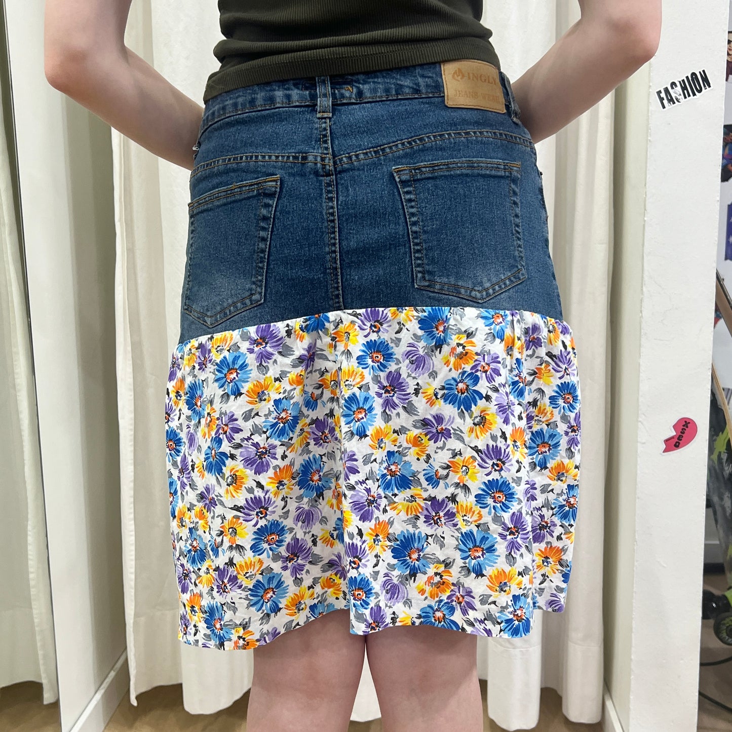 ingly 00s dark wash denim skirt with floral bottom pannel