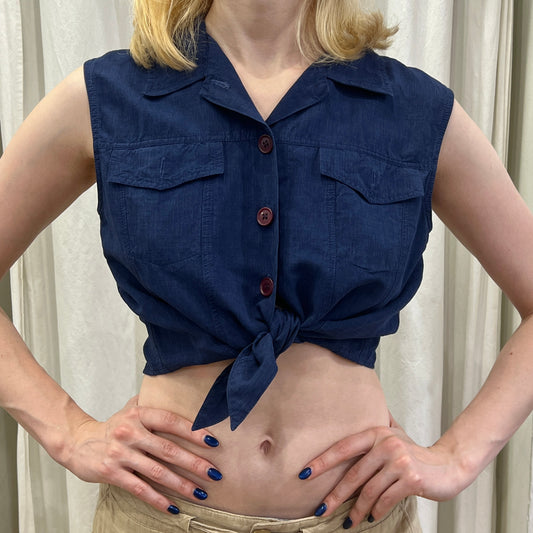 germano zama 00s navy blue linen silk crop sleeveless shirt