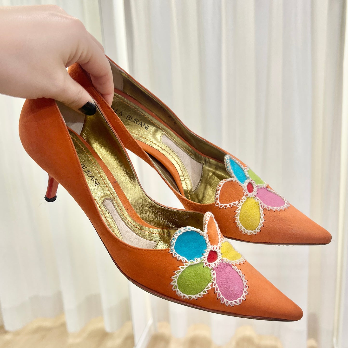 mariella burani 00s orange suede heels with colorful flower