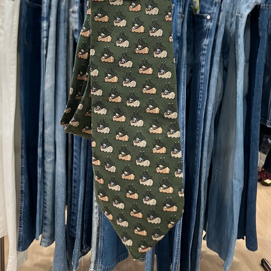 hermes 90s army green silk tie with sailing boats print