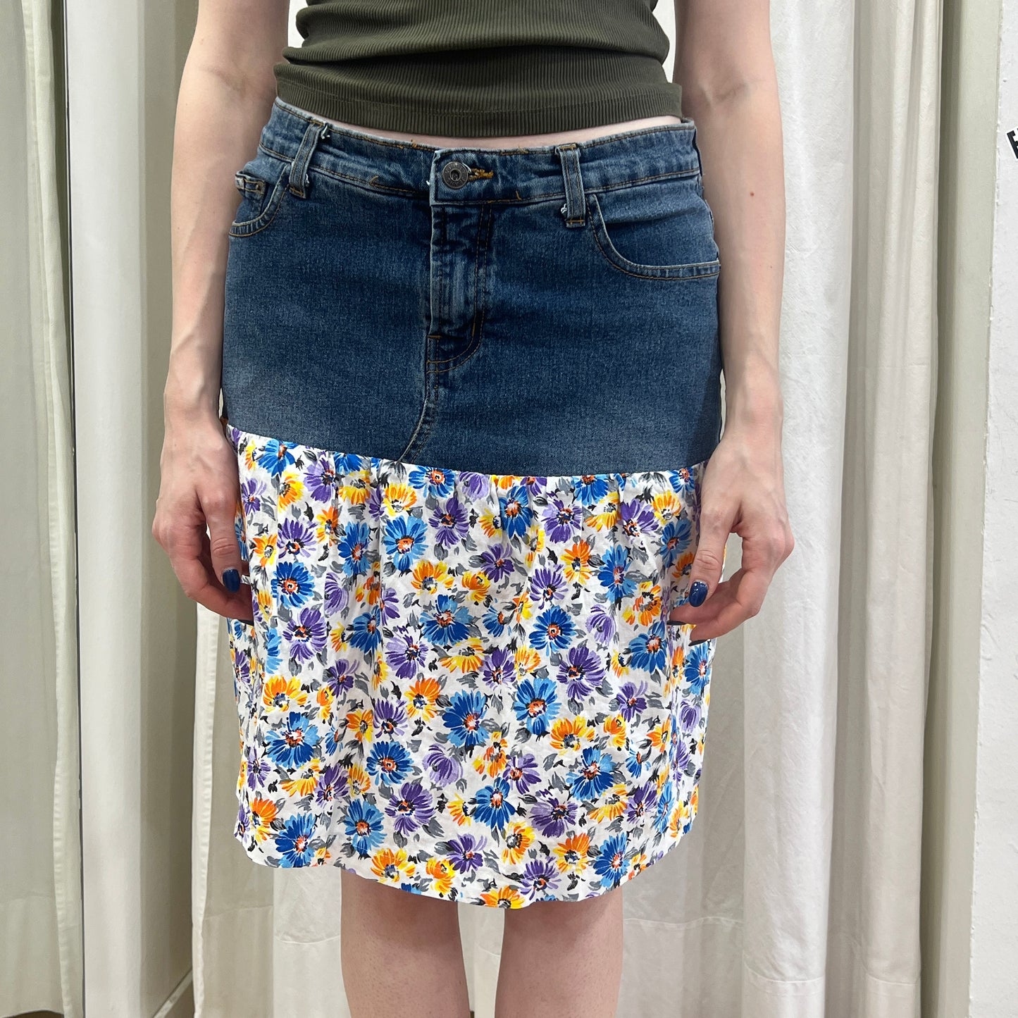 ingly 00s dark wash denim skirt with floral bottom pannel
