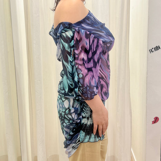 rinascimento 00s blue purple butterfly print sheer flowy minidress