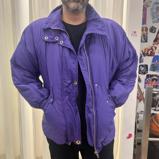 belfe 90s purple puffer jacket with padded shoulders