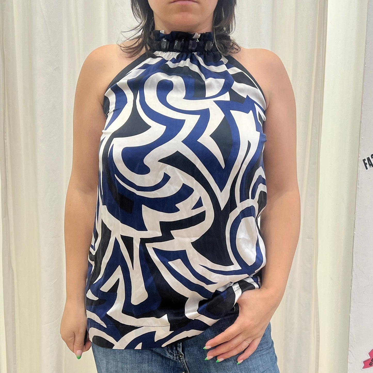 principles 00s black white navy geometric print silk halter top