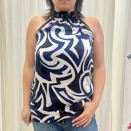 principles 00s black white navy geometric print silk halter top