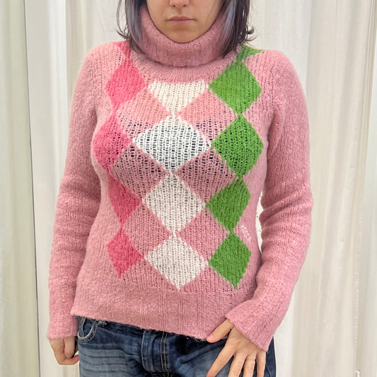 kocca 00s pink argyle roll neck wool sweater