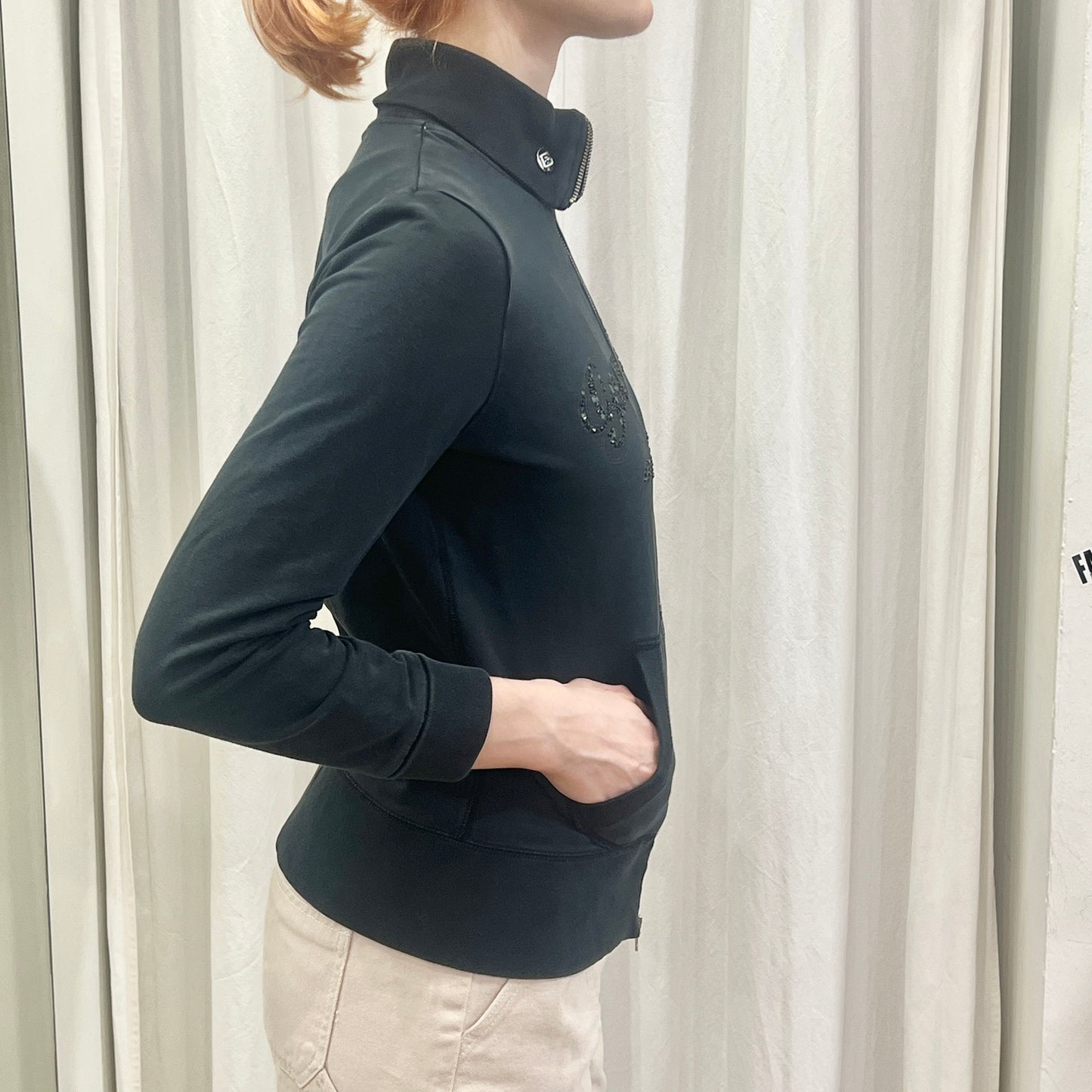 guess 00s black zip up sweatshirt with rhynestone cursive logo