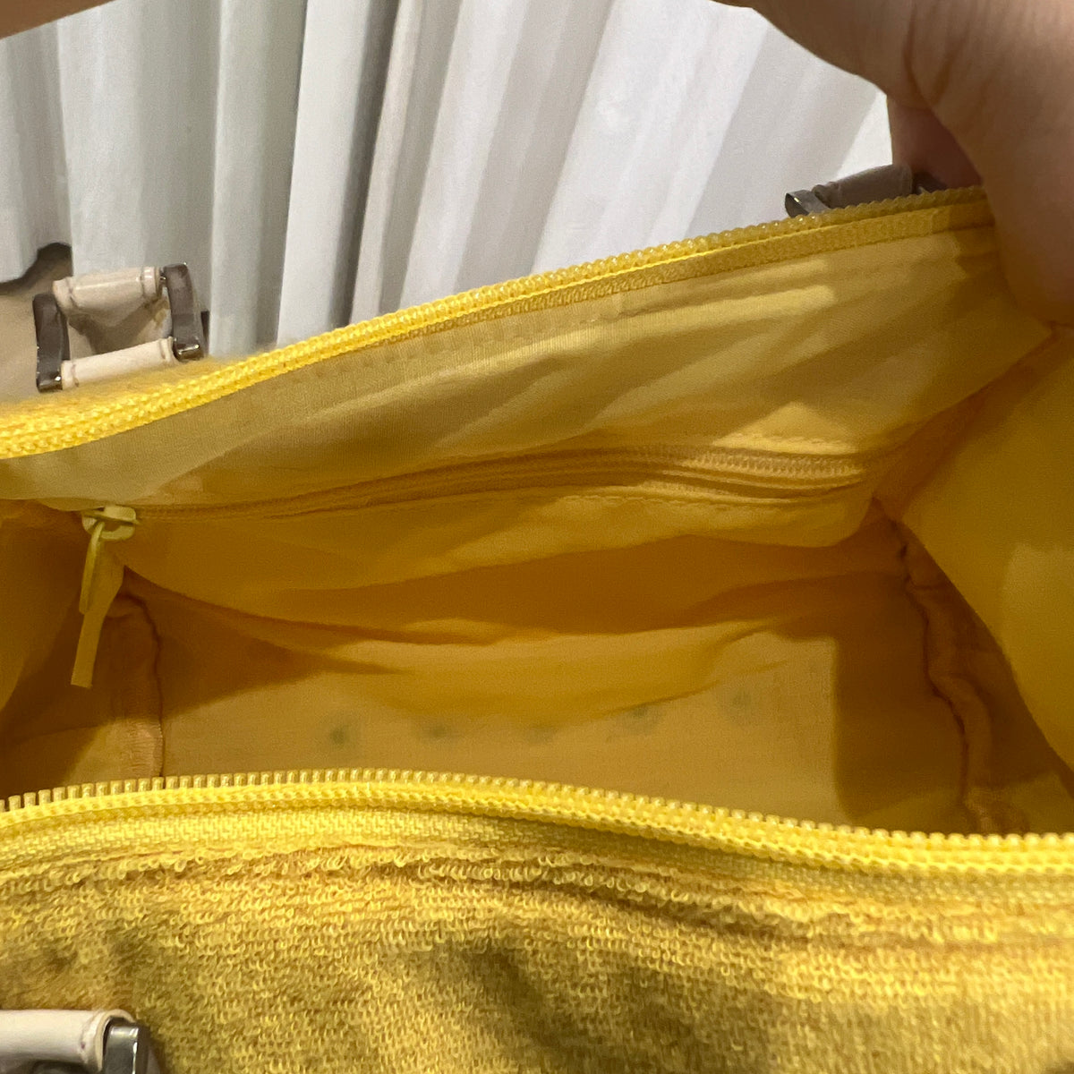 hello kitty sanrio 2007 yellow terry cloth mini trunk bag with white details and silver studs