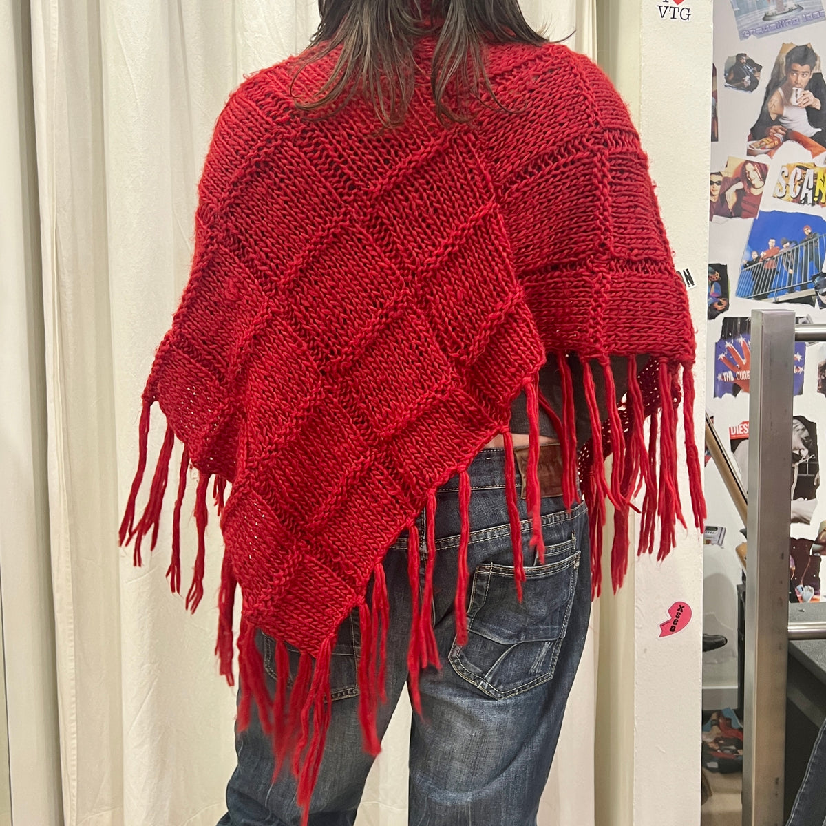 dark red wool knit roll neck poncho with fringes