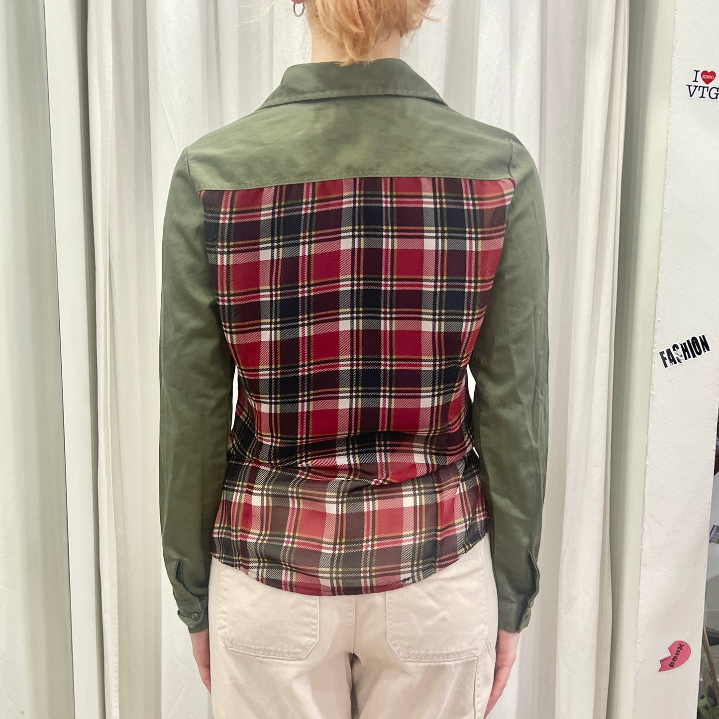 massimo rebecchi 00s army green shirt with sheer red checkprint plaid back panel