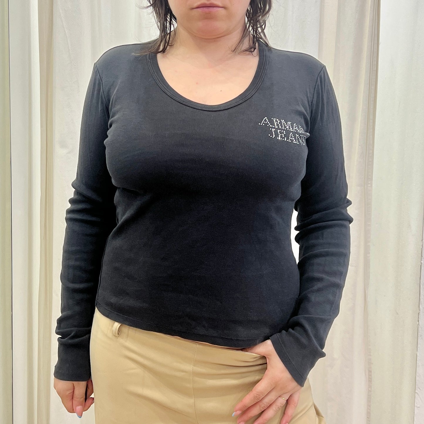 AJ armani jeans 00s black long sleeve top with rhynestone logo
