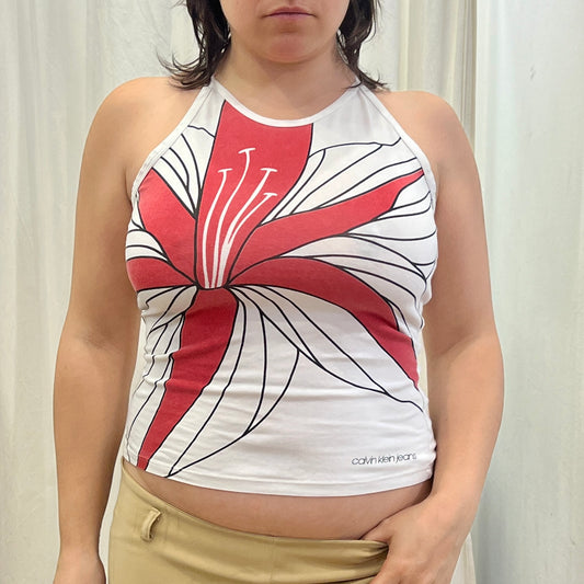 calvin klein jeans 00s white halter tank top with red flower