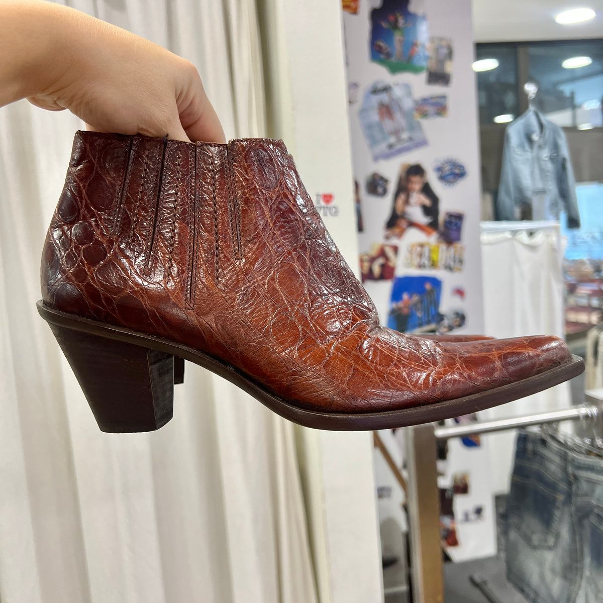 the saddler brown croc print leather cowboy ankle boots