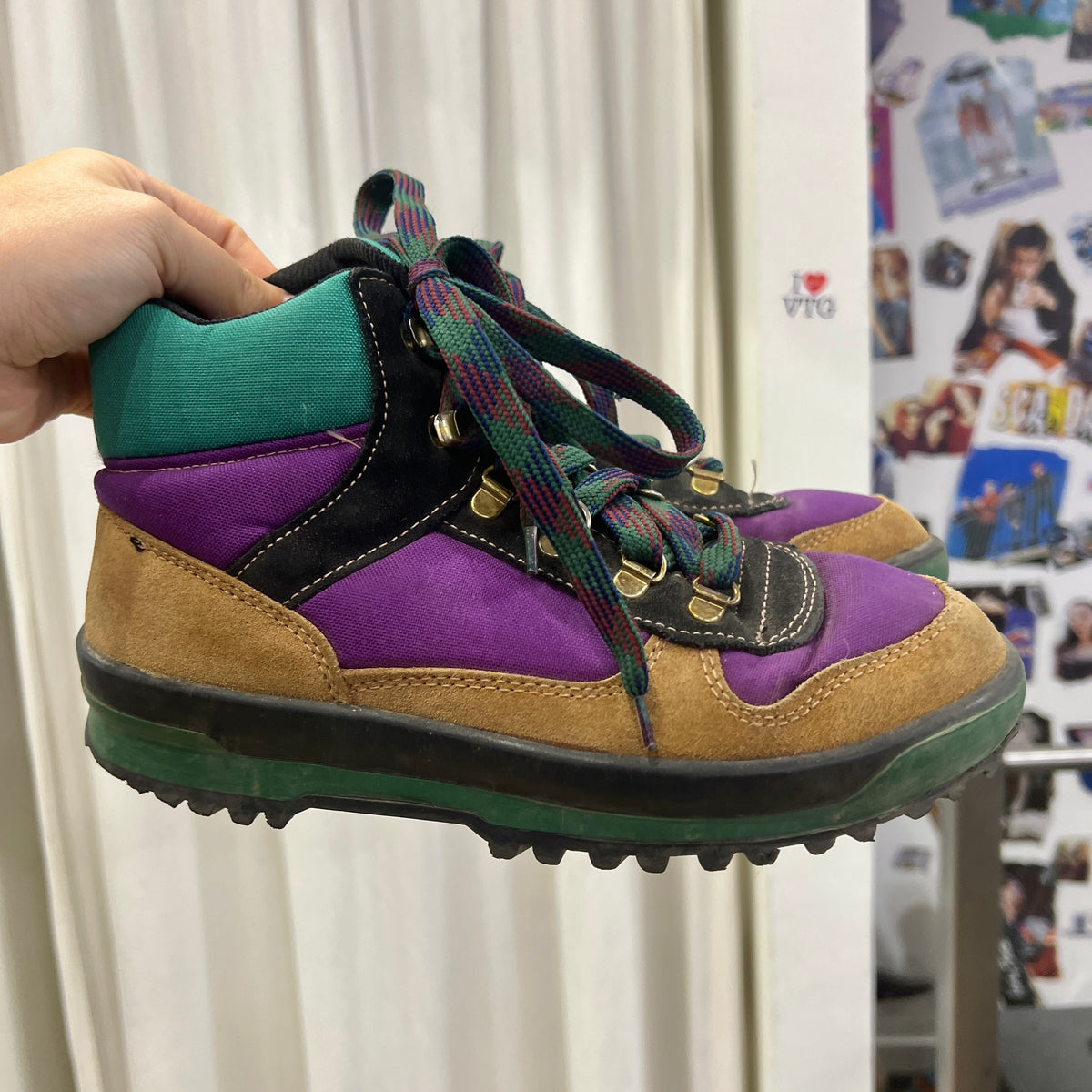 emmevi trekking 90s purple green tan lace up trekking boots
