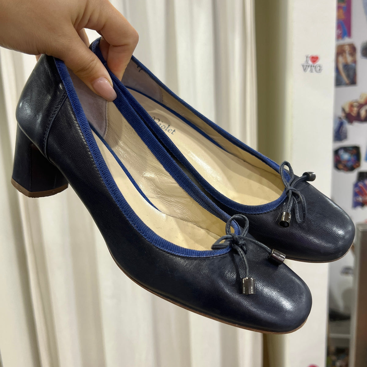 sandro violet navy leather chunky heel square tip ballet flats