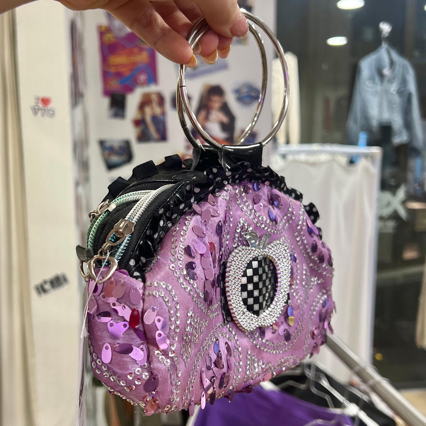 00s purple sequins mini handbag with silver rhynestones and metal hoop handle