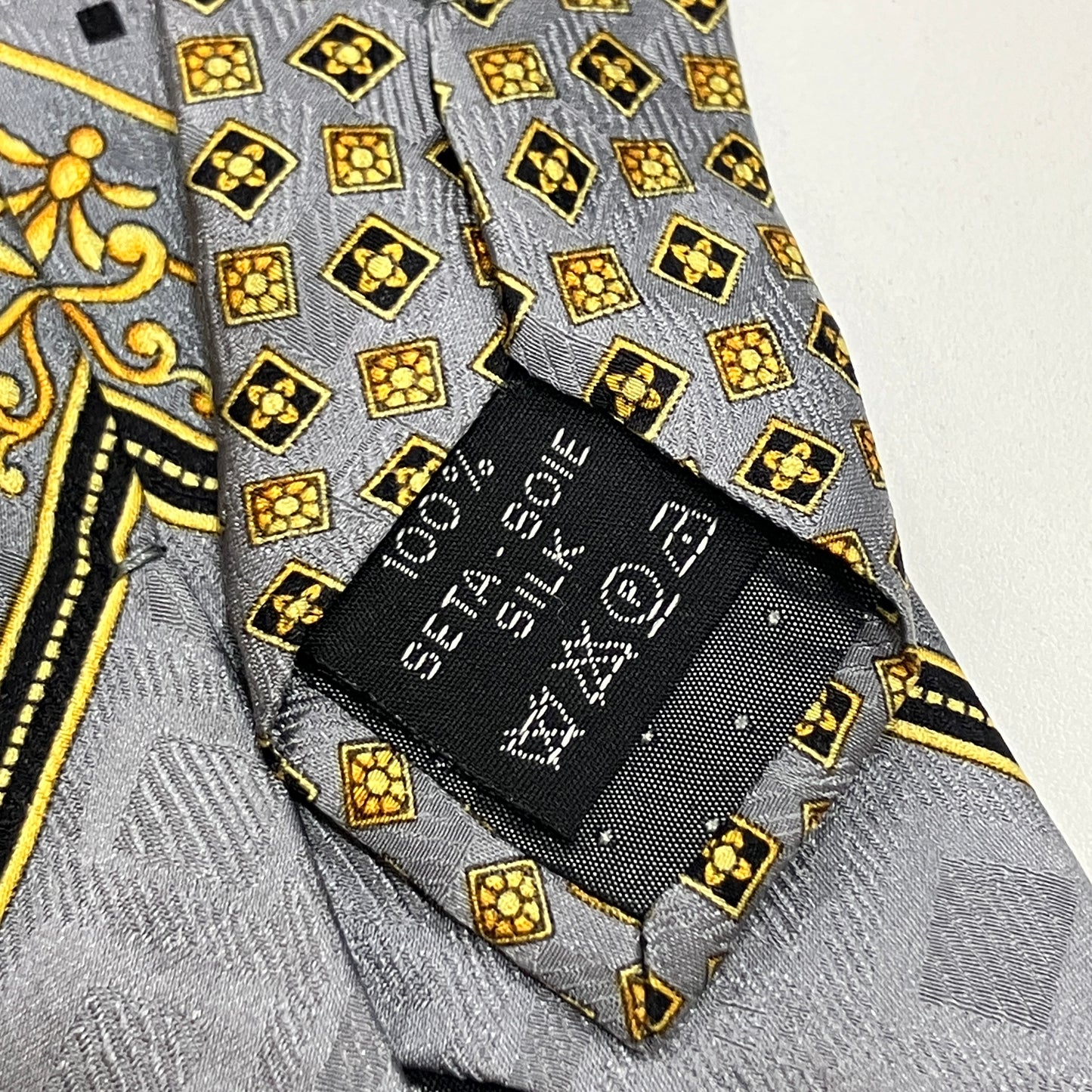 gianni versace 90s grey silk tie with gold baroque geometric print