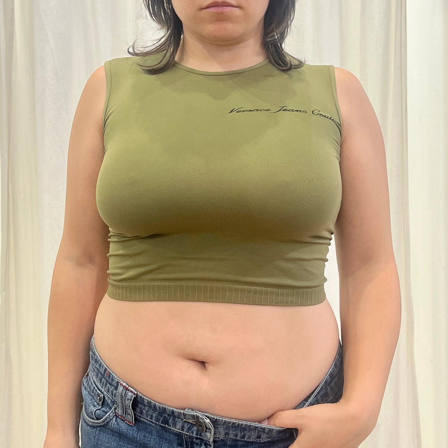 versace jeans couture 00s army green microfiber crop tank top
