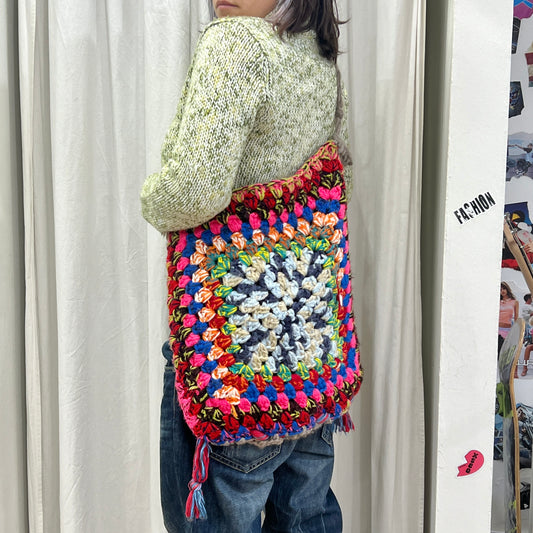 handmade multicolor wool granny square crochet crossbody bag