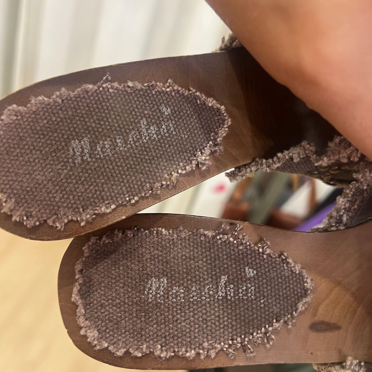 maicha 00s brown distressed canvas wooden clog heel sandal