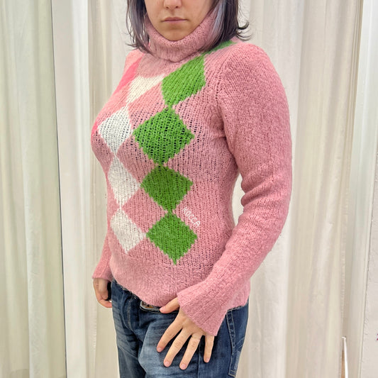 kocca 00s pink argyle roll neck wool sweater