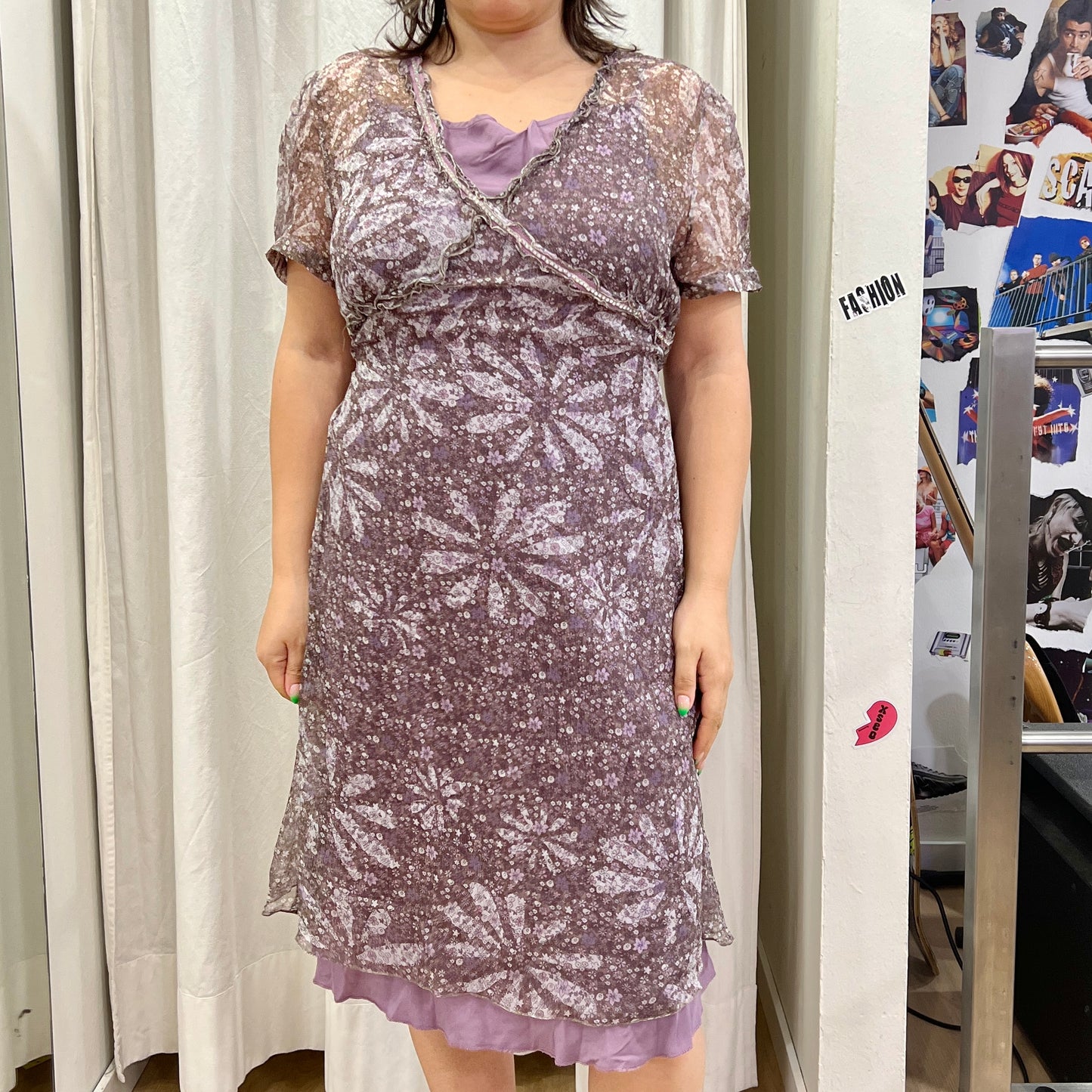 oltre 00s purple silk sheer floral short sleeve midi dress
