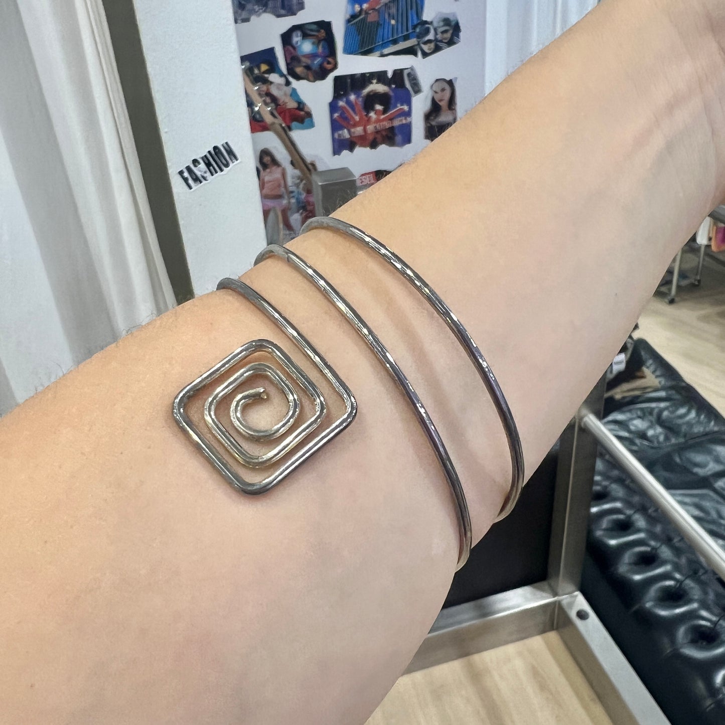 silver wire cuff bracelet with square spirals