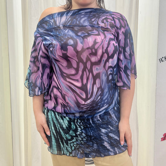 rinascimento 00s blue purple butterfly print sheer flowy minidress