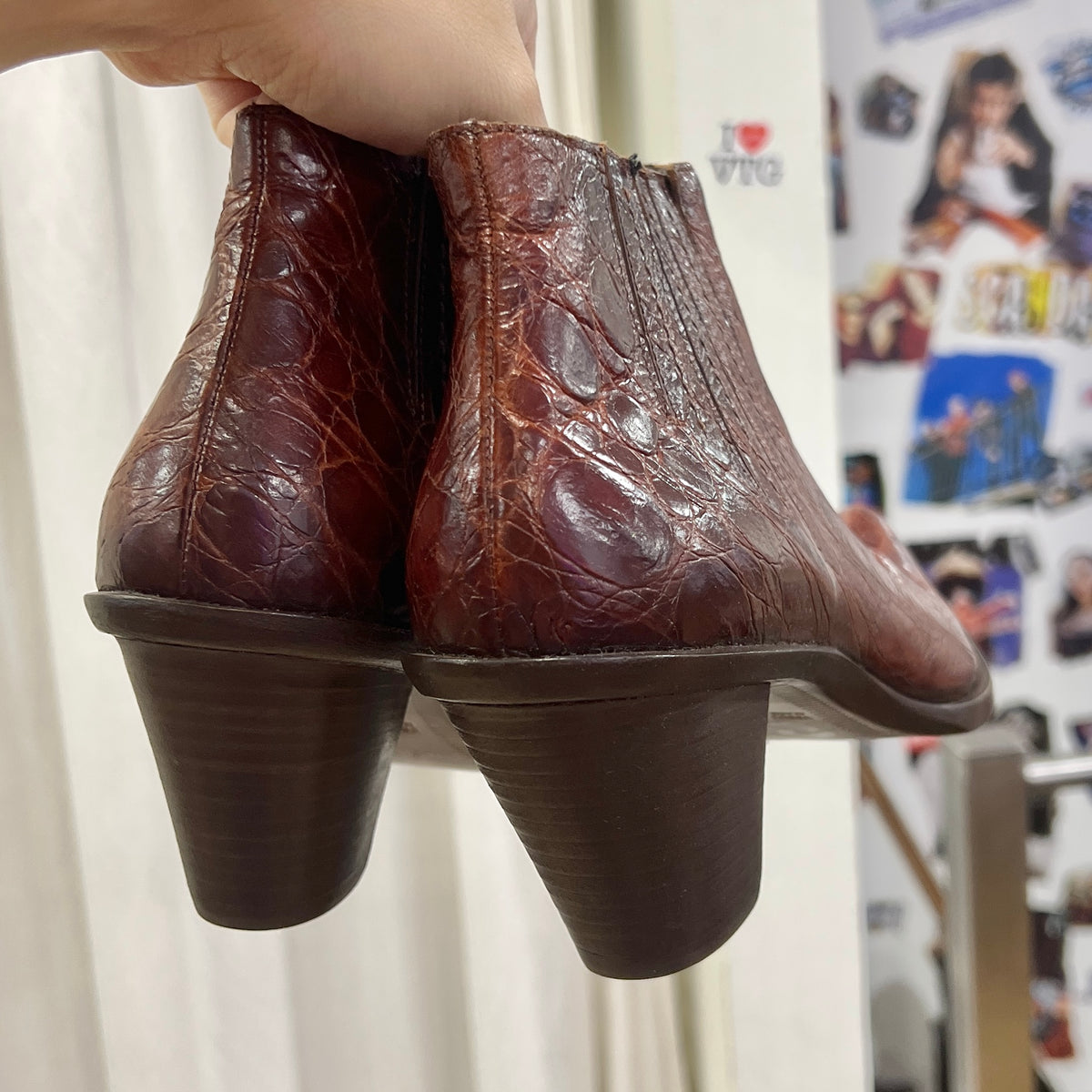the saddler brown croc print leather cowboy ankle boots