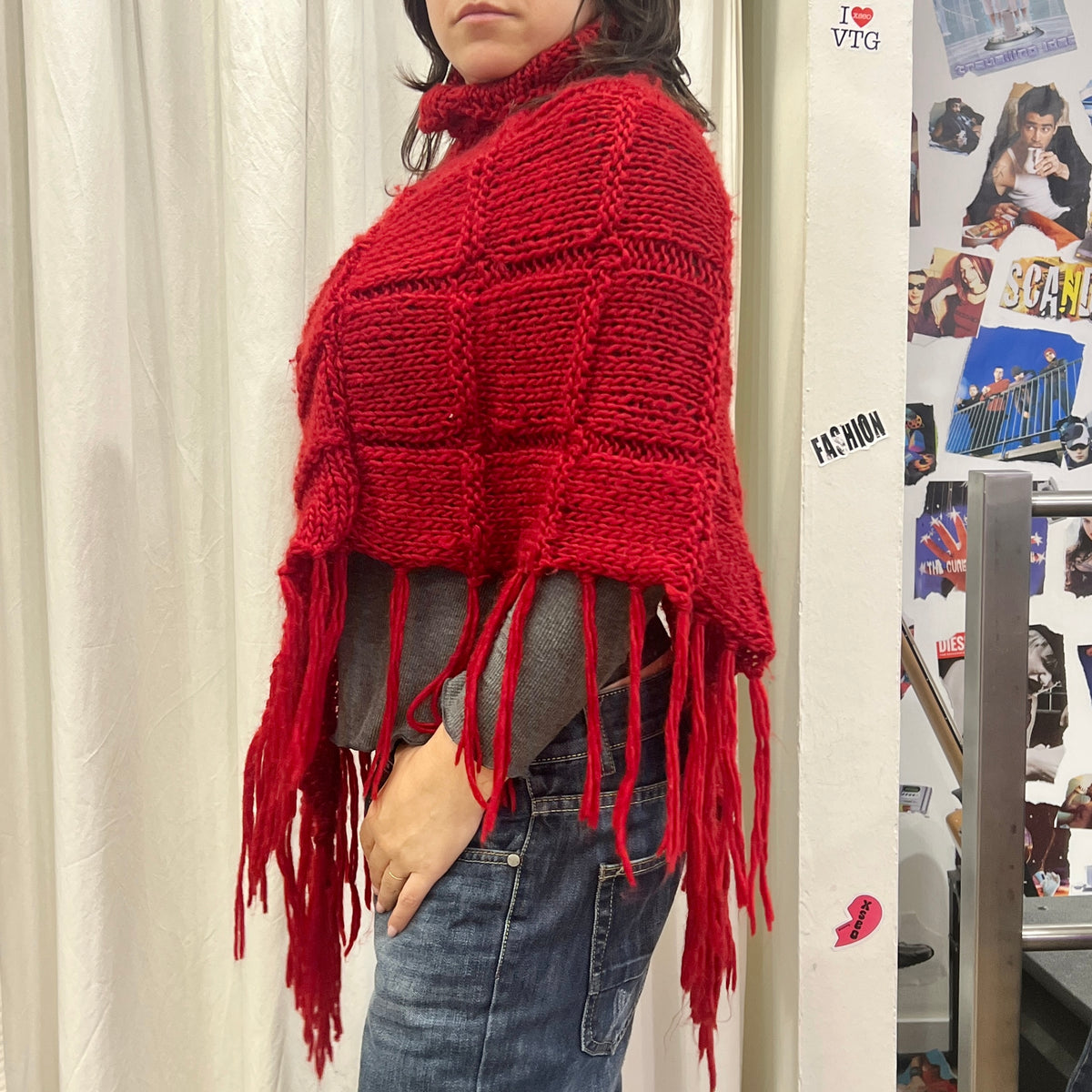 dark red wool knit roll neck poncho with fringes