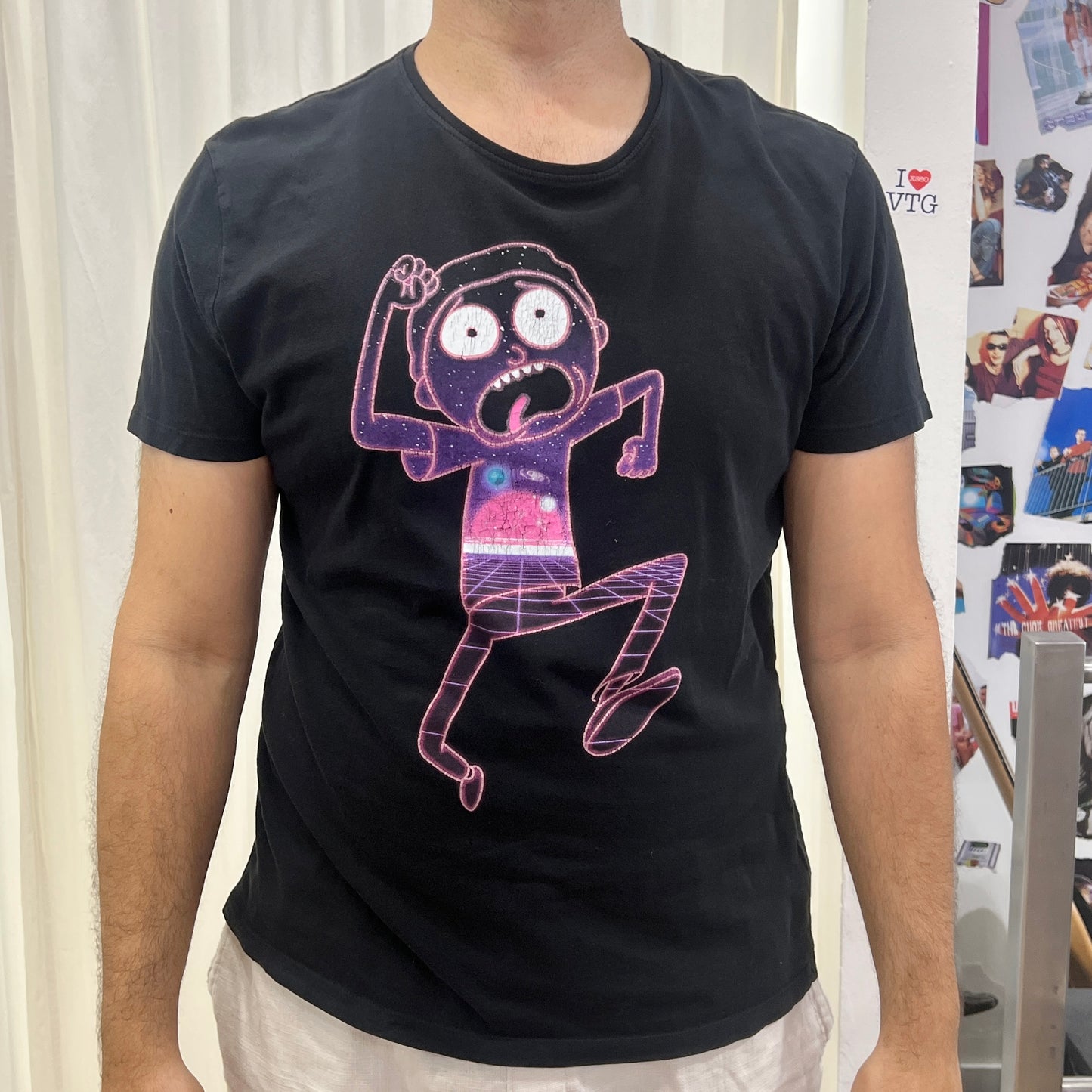 rick and morty 00s black tshirt with purple synthwave graphic