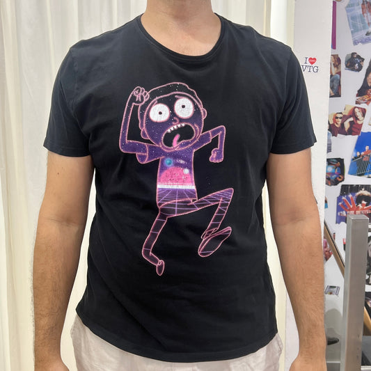 rick and morty 00s black tshirt with purple synthwave graphic
