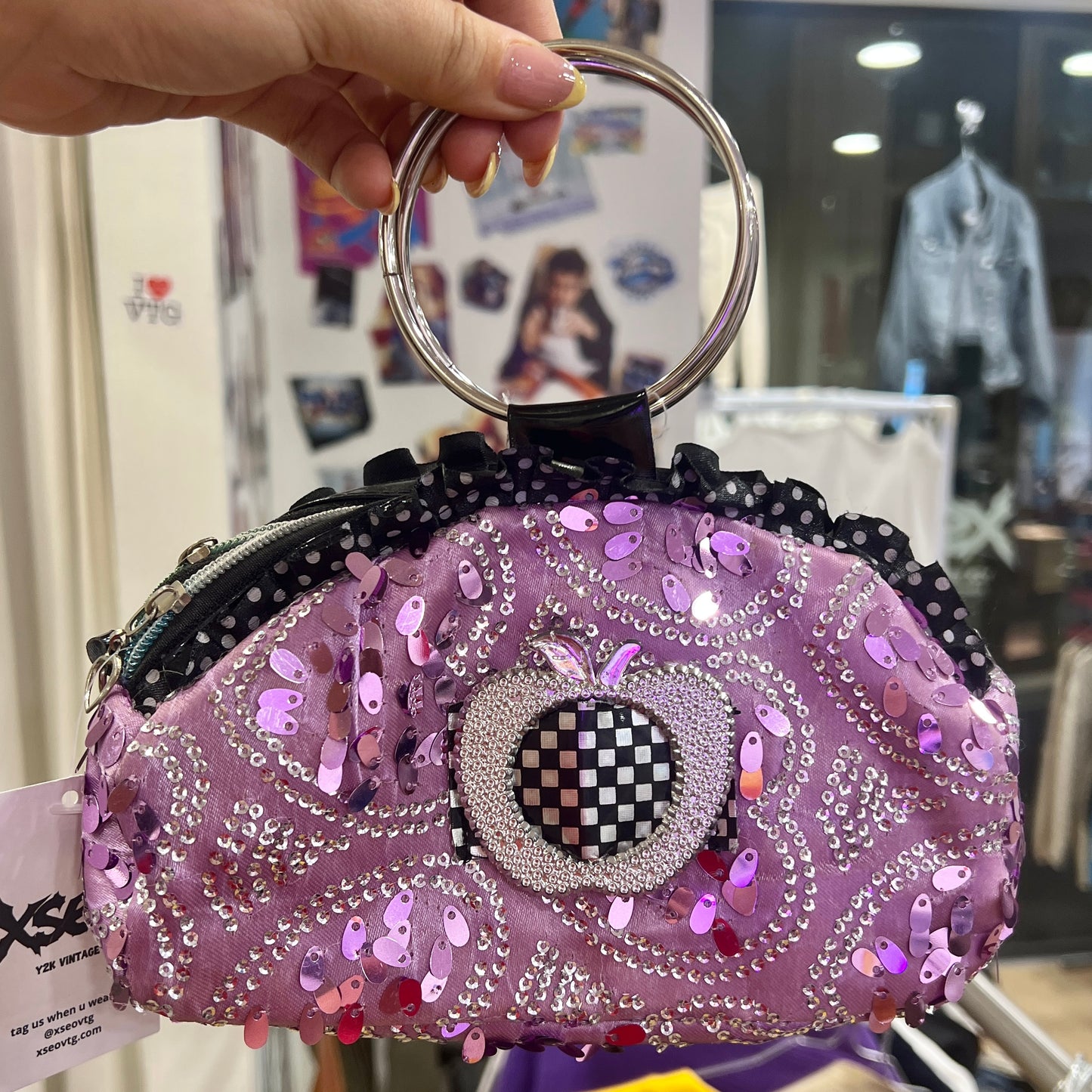 00s purple sequins mini handbag with silver rhynestones and metal hoop handle