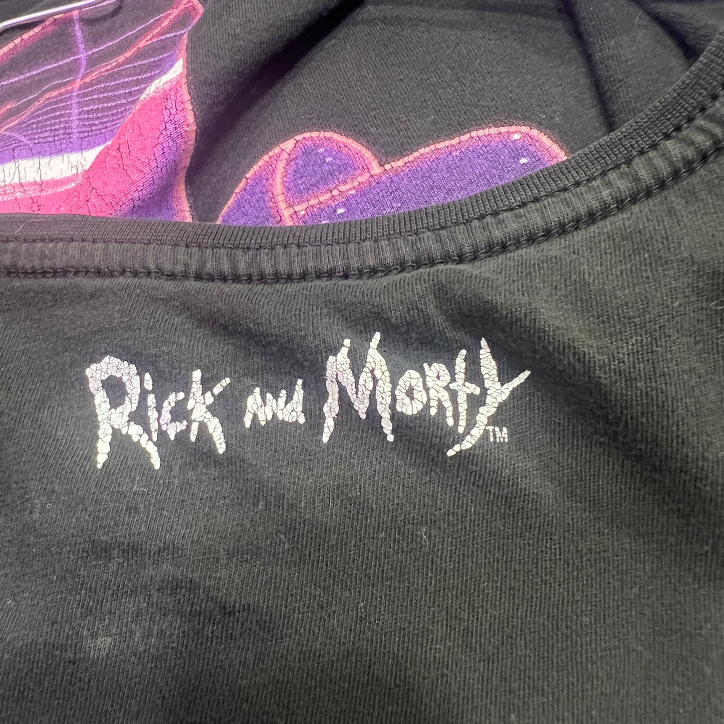rick and morty 00s black tshirt with purple synthwave graphic