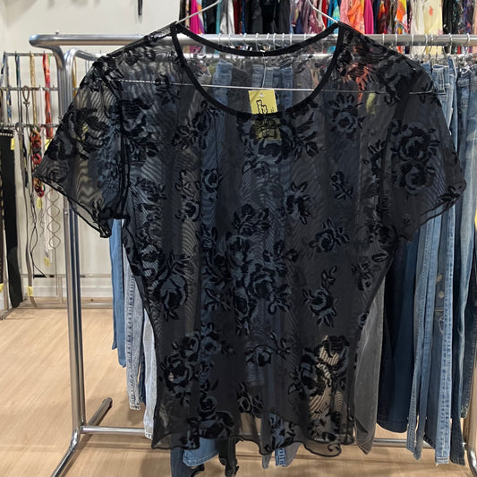 valery sheer black velvet floral lace tee