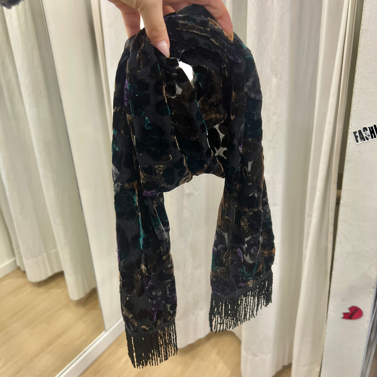 black sheer skinny scarf with velvet floral print and fringes