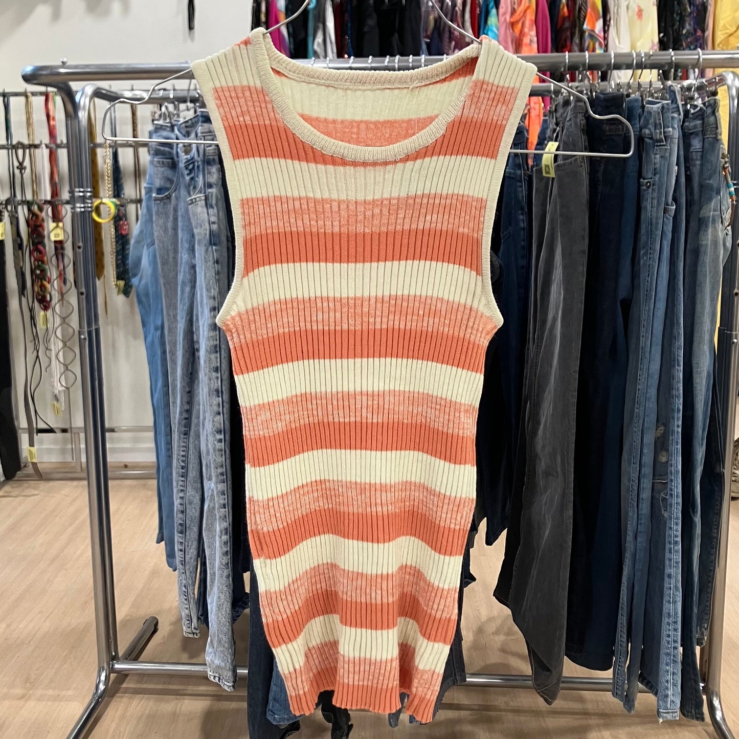 cream pink striped ribbed knit tank top