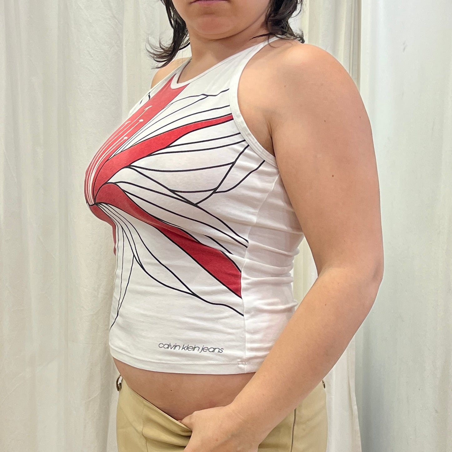 calvin klein jeans 00s white halter tank top with red flower