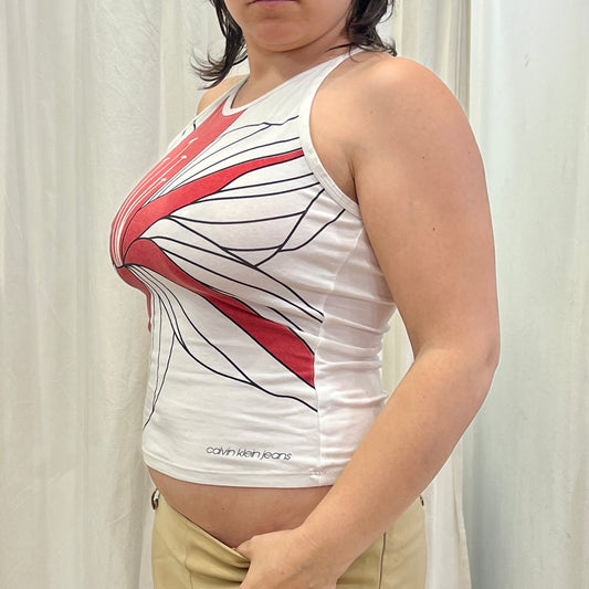 calvin klein jeans 00s white halter tank top with red flower