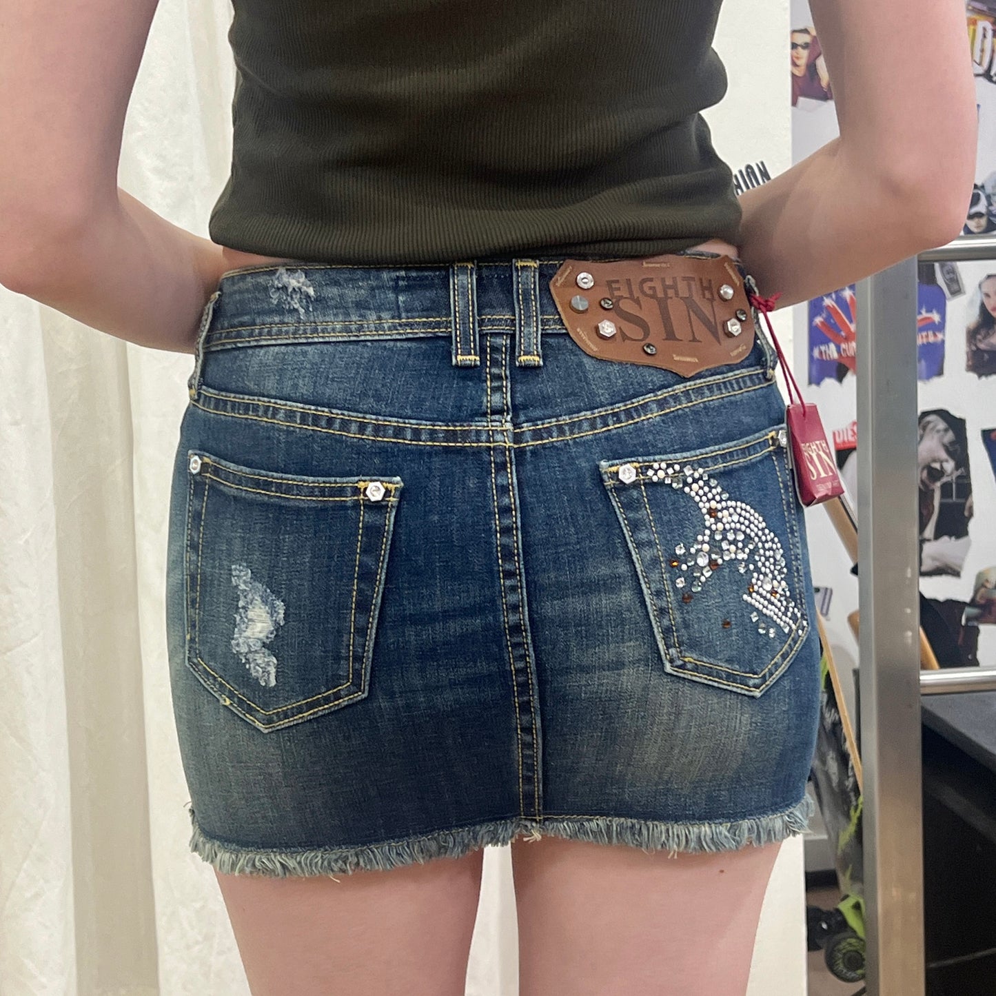 eighth sin 00s distressed dark wash mini skirt with pearls and secret inside pocket